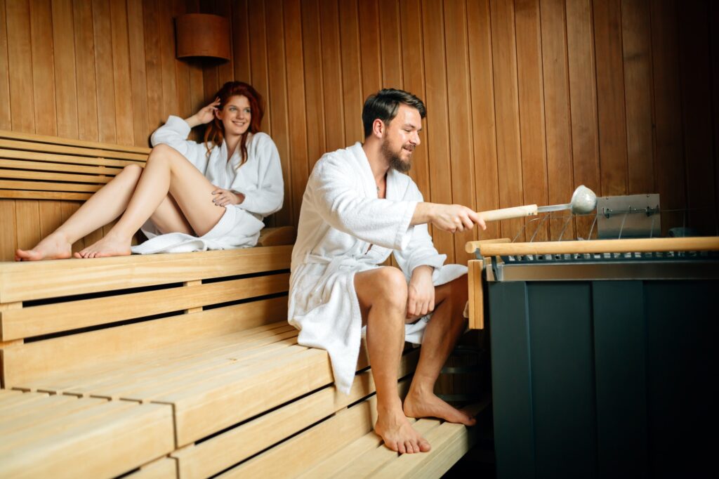 Couple resting in sauna